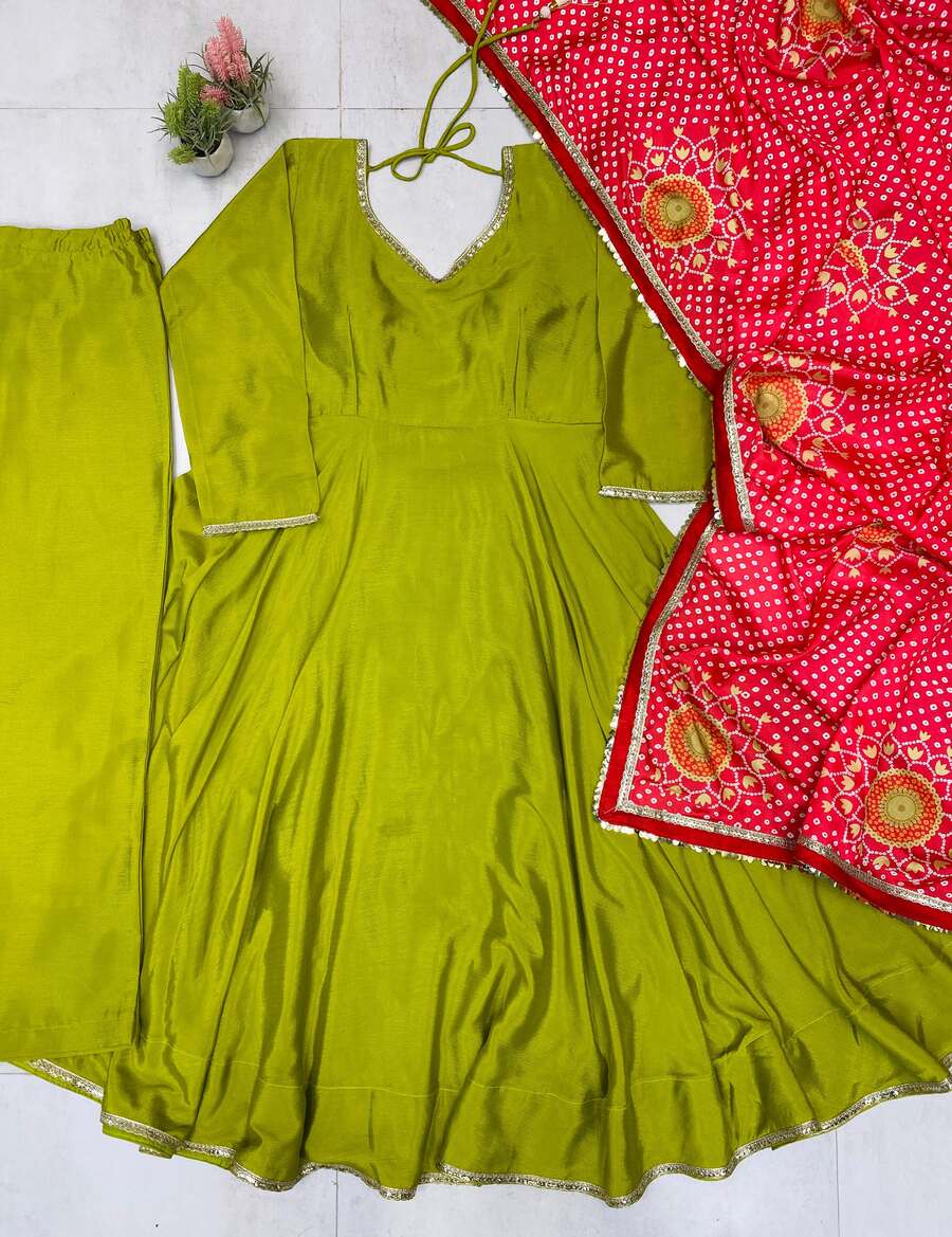 FASHIONABLE CHINON LACE ON BORDER AND LATKAN ON BACK SIDE DORI WORK GOWN BOTTOM WITH DUPATTA FESTIVE WEAR WHOLESALE PRICE ETHNIC GARMENT (5)