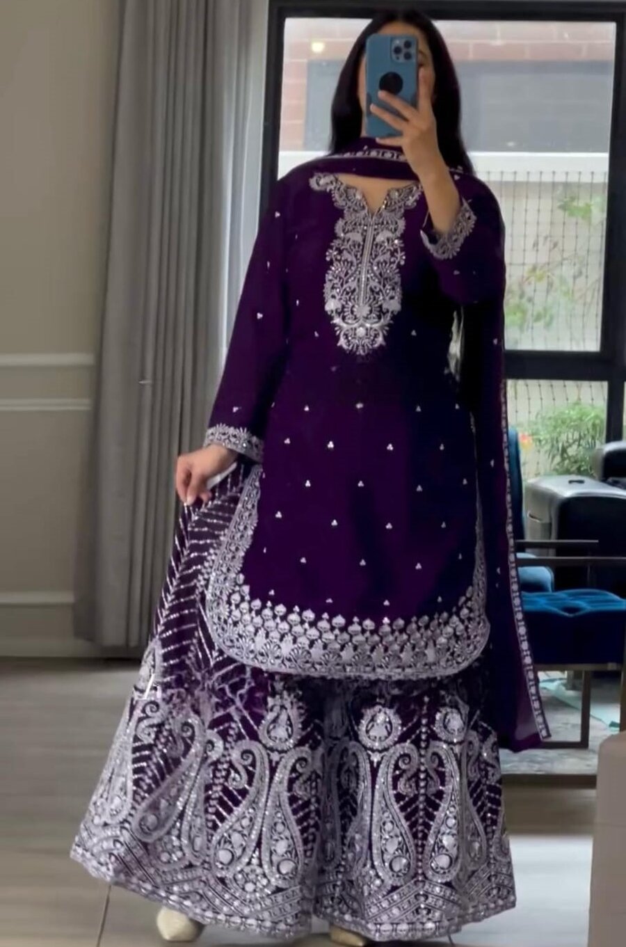 FASHIONABLE CHINON SEQUENCE EMBROIDERY WORK TOP PALAZZO WITH DUPATTA WEDDING WEAR WHOLESALE PRICE ETHNIC GARMENT (10)