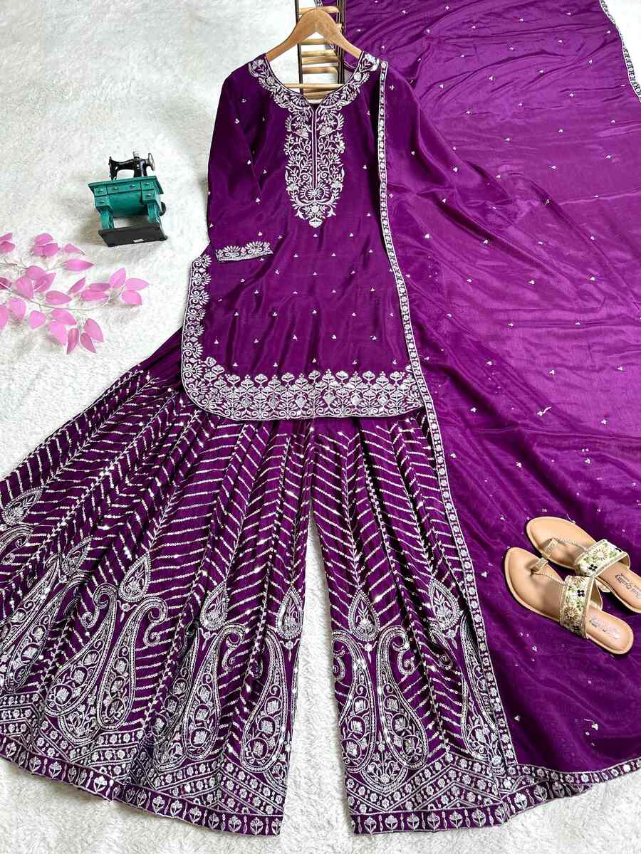 FASHIONABLE CHINON SEQUENCE EMBROIDERY WORK TOP PALAZZO WITH DUPATTA WEDDING WEAR WHOLESALE PRICE ETHNIC GARMENT (11)
