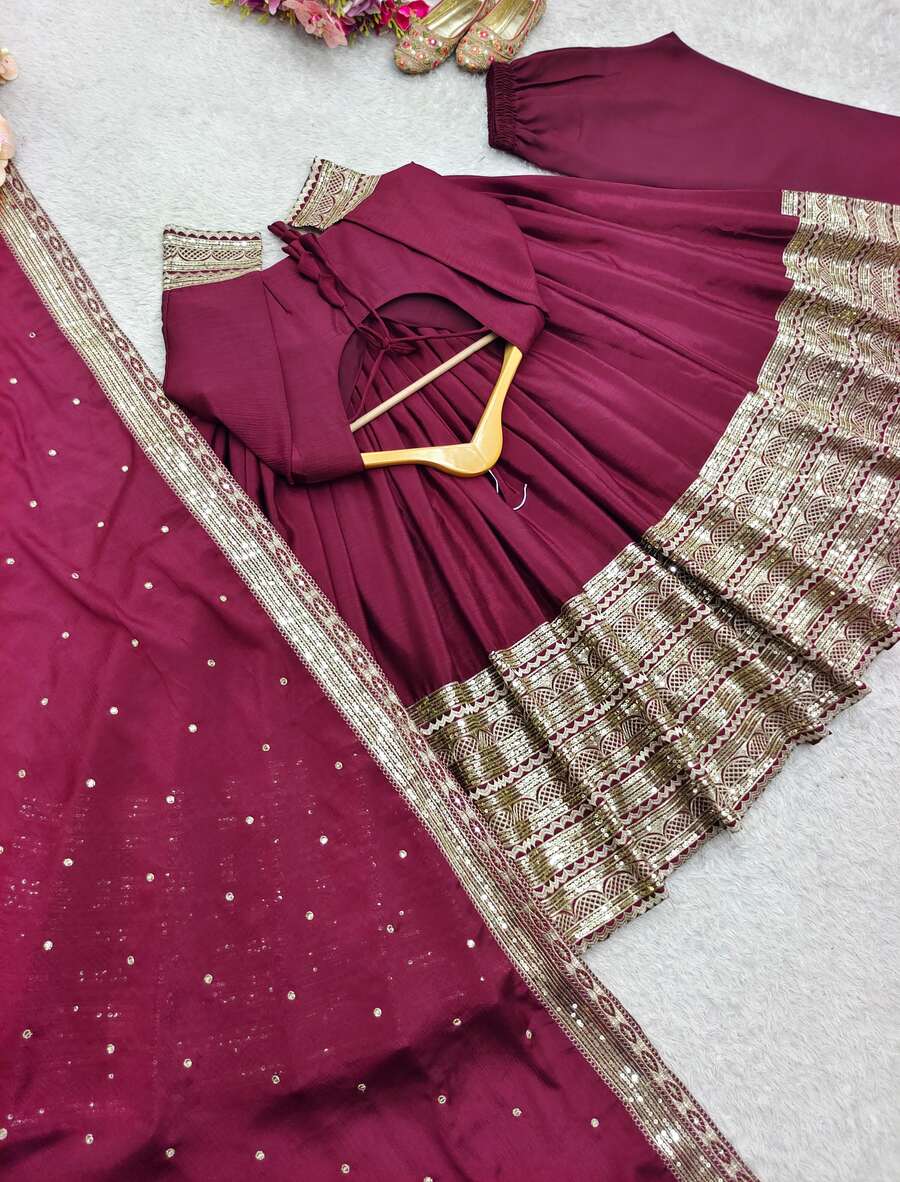 FASHIONABLE CHINON SILK EMBROIDERY SEQUENCE WORK GOWN BOTTOM WITH DUPATTA RECEPTION WEAR WHOLESALE PRICE ETHNIC GARMENT (4)