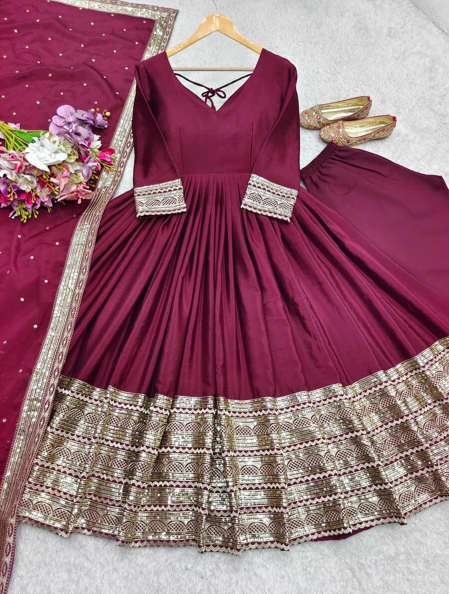 FASHIONABLE CHINON SILK EMBROIDERY SEQUENCE WORK GOWN BOTTOM WITH DUPATTA RECEPTION WEAR WHOLESALE PRICE ETHNIC GARMENT (5)