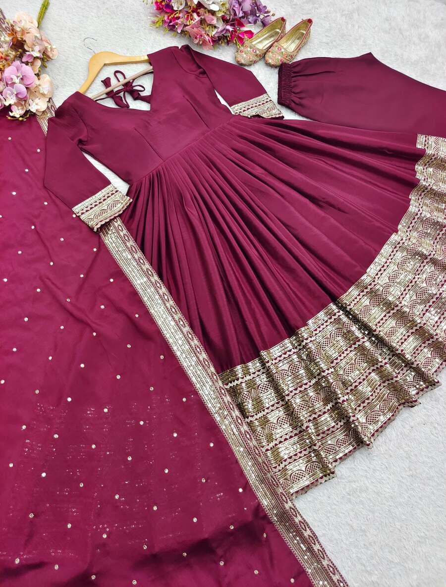 FASHIONABLE CHINON SILK EMBROIDERY SEQUENCE WORK GOWN BOTTOM WITH DUPATTA RECEPTION WEAR WHOLESALE PRICE ETHNIC GARMENT (6)
