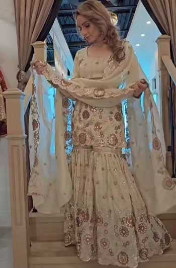 FASHIONABLE CHINON SILK SEQUENCE EMBROIDERY WORK TOP SHARARA WITH DUPATTA OFF WHITE
