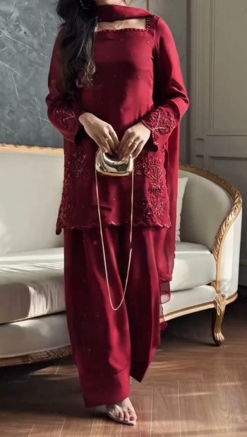 FASHIONABLE CREPE SILK SEQUENCE EMBROIDERY WORK TOP PATIALA WITH DUPATTA RED