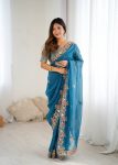 FASHIONABLE CRUNCHY SILK EMBROIDERY THREADS, CODING & SEQUENCE WORK SAREE WITH UNSTITCHED BLOUSE WEDDING WEAR WHOLESALE PRICE ETHNIC GARMENT (27)