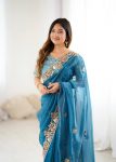 FASHIONABLE CRUNCHY SILK EMBROIDERY THREADS, CODING & SEQUENCE WORK SAREE WITH UNSTITCHED BLOUSE WEDDING WEAR WHOLESALE PRICE ETHNIC GARMENT (27)