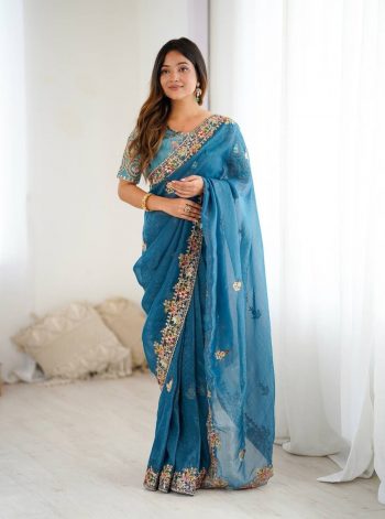 FASHIONABLE CRUNCHY SILK EMBROIDERY THREADS, CODING & SEQUENCE WORK SAREE WITH UNSTITCHED BLOUSE RAMA