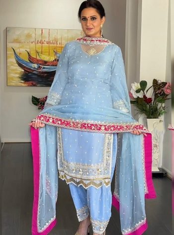 FASHIONABLE DIAMOND GEORGETTE EMBROIDERY SEQUENCE WORK TOP PATIYALA WITH DUPATTA SKY
