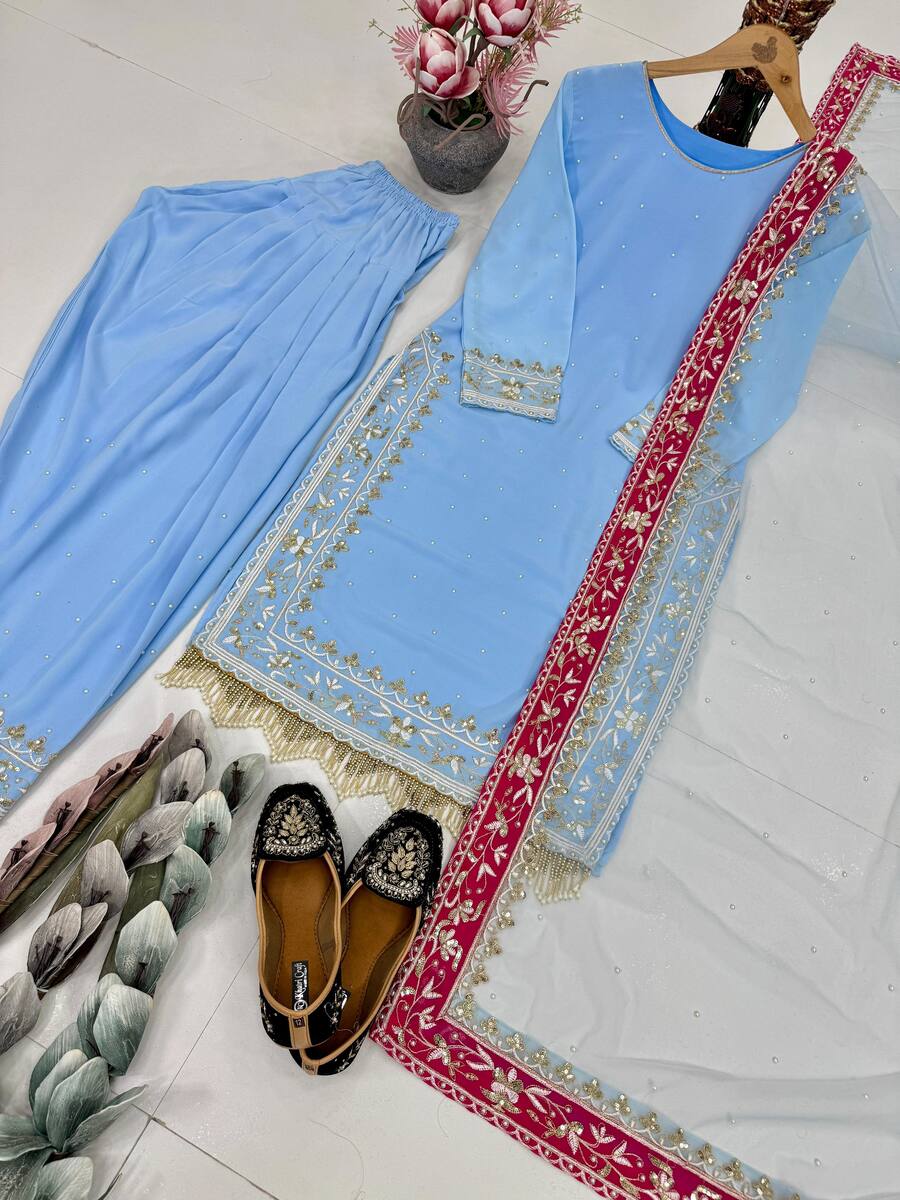 FASHIONABLE DIAMOND GEORGETTE EMBROIDERY SEQUENCE WORK TOP PATIYALA WITH DUPATTA FESTIVAL WEAR WHOLESALE PRICE ETHNIC GARMENT (3)