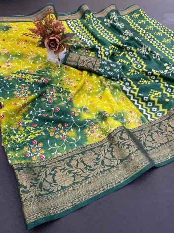 FASHIONABLE DOLA DOBBY SILK PRINT WITH DESIGNER PALLU WORK SAREE WITH UNSTITCHED BLOUSE YELLOW