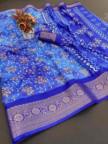 FASHIONABLE DOLA DOBBY SILK PRINT WITH DESIGNER PALLU WORK SAREE WITH UNSTITCHED BLOUSE BLUE