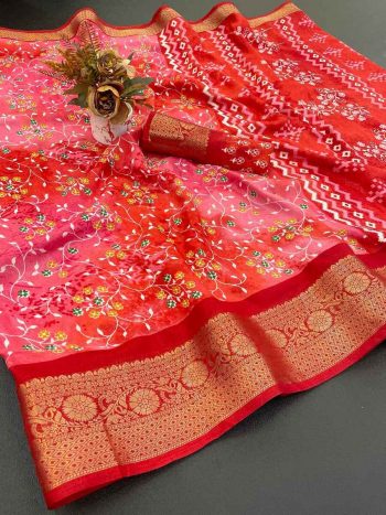 FASHIONABLE DOLA DOBBY SILK PRINT WITH DESIGNER PALLU WORK SAREE WITH UNSTITCHED BLOUSE RED