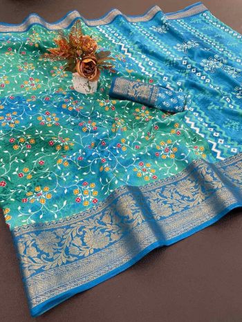 FASHIONABLE DOLA DOBBY SILK PRINT WITH DESIGNER PALLU WORK SAREE WITH UNSTITCHED BLOUSE SKY