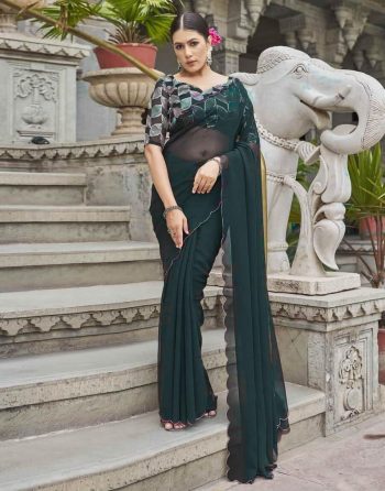 FASHIONABLE FAUX GEORGETTE FANCY ARC SAREE WITH UNSTITCHED BLOUSE GREEN
