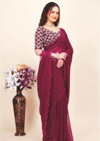 FASHIONABLE FAUX GEORGETTE FANCY ARC SAREE WITH UNSTITCHED BLOUSE WINE