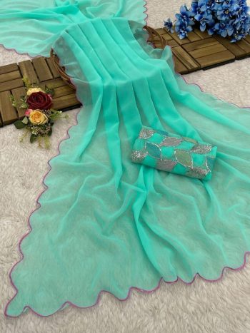 FASHIONABLE FAUX GEORGETTE FANCY ARC SAREE WITH UNSTITCHED BLOUSE SKY