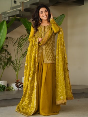 FASHIONABLE FENDY EMBROIDERY WORK TOP PALAZZO WITH DUPATTA LEMON