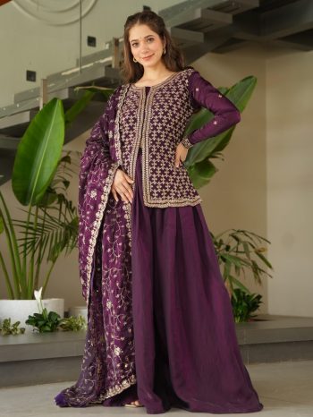 FASHIONABLE FENDY EMBROIDERY WORK TOP PALAZZO WITH DUPATTA PURPLE