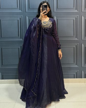 FASHIONABLE FENDY SILK HANDWORK ON NECK GOWN WITH DUPATTA PURPLE