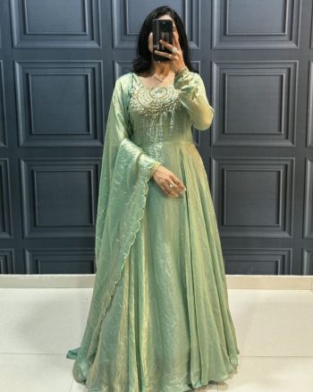 FASHIONABLE FENDY SILK HANDWORK ON NECK GOWN WITH DUPATTA