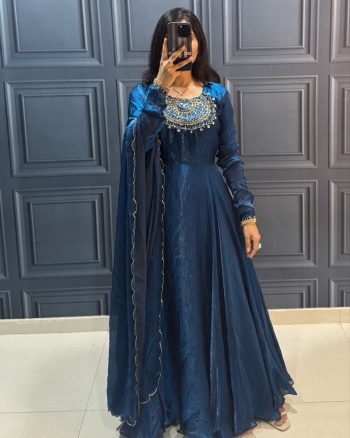 FASHIONABLE FENDY SILK HANDWORK ON NECK GOWN WITH DUPATTA
