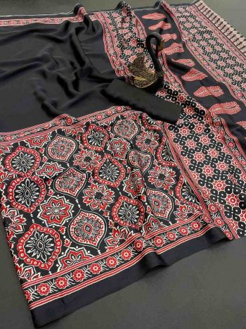 FASHIONABLE GAJI SOFT SILK BANDHEJ WORK SAREE WITH UNSTITCHED BLOUSE BLACK