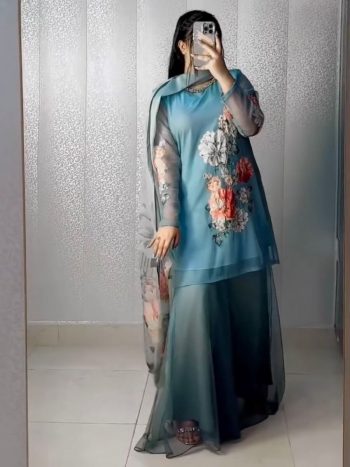FASHIONABLE GEORGETTE DIGITAL PRINT + REAL KHATALI HAND WORK TOP PALAZZO WITH DUPATTA RAMA