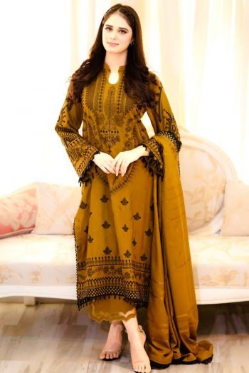 FASHIONABLE GEORGETTE EMBROIDERY WORK TOP BOTTOM WITH DUPATTA MUSTARD