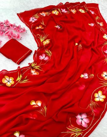 FASHIONABLE GEORGETTE HANDWORK SAREE WITH UNSTITCHED BLOUSE RED