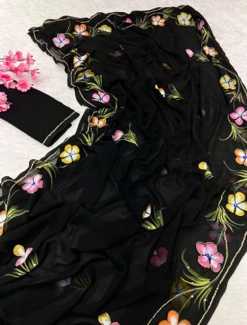 FASHIONABLE GEORGETTE HANDWORK SAREE WITH UNSTITCHED BLOUSE BLACK