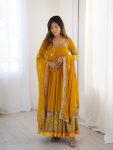 FASHIONABLE GEORGETTE MULTI THREAD HEAVY EMBROIDERY SEQUENCE WORK GOWN BOTTOM WITH DUPATTA MUSTARD