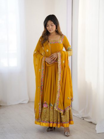 FASHIONABLE GEORGETTE MULTI THREAD HEAVY EMBROIDERY SEQUENCE WORK GOWN BOTTOM WITH DUPATTA MUSTARD