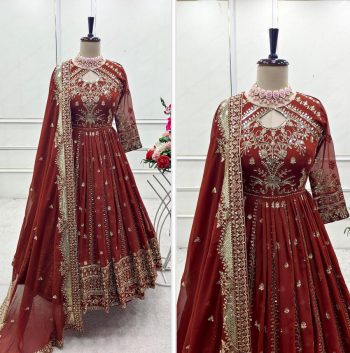 FASHIONABLE GEORGETTE SEQUENCE EMBROIDERY WORK GOWN BOTTOM WITH DUPATTA ORANGE