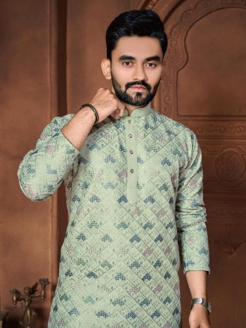 FASHIONABLE ITALIAN SILK EMBROIDERY & DIFFRENT COLOURS THREAD WORK KURTA PAYJAMA FOR MEN'S PISTA