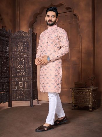 FASHIONABLE ITALIAN SILK EMBROIDERY & DIFFRENT COLOURS THREAD WORK KURTA PAYJAMA FOR MEN'S BABY PINK