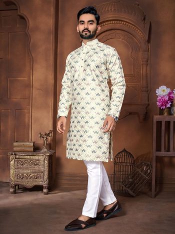 FASHIONABLE ITALIAN SILK EMBROIDERY & DIFFRENT COLOURS THREAD WORK KURTA PAYJAMA FOR MEN'S OFF WHITE