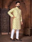 FASHIONABLE ITALIAN SILK EMBROIDERY & DIFFRENT COLOURS THREAD WORK KURTA PAYJAMA FOR MEN'S YELLOW