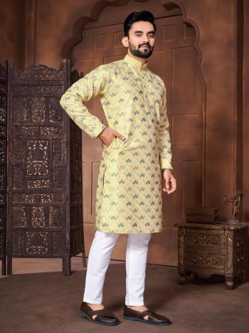 FASHIONABLE ITALIAN SILK EMBROIDERY & DIFFRENT COLOURS THREAD WORK KURTA PAYJAMA FOR MEN'S YELLOW