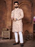 FASHIONABLE ITALIAN SILK EMBROIDERY & DIFFRENT COLOURS THREAD WORK KURTA PAYJAMA FOR MEN'S PEACH