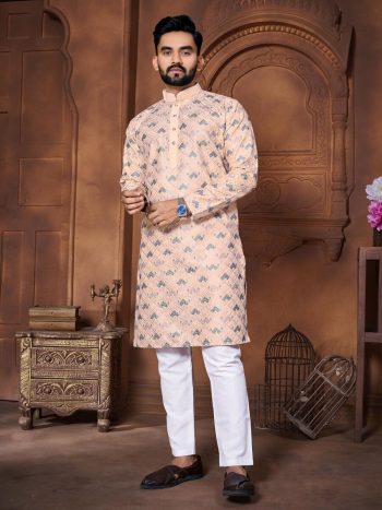 FASHIONABLE ITALIAN SILK EMBROIDERY & DIFFRENT COLOURS THREAD WORK KURTA PAYJAMA FOR MEN'S PEACH