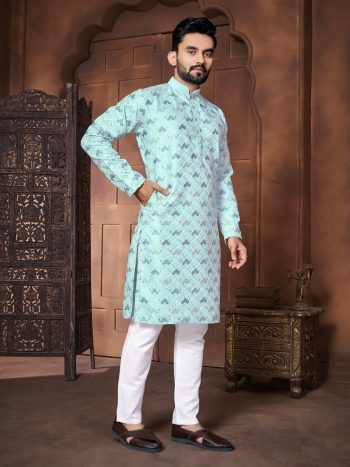 FASHIONABLE ITALIAN SILK EMBROIDERY & DIFFRENT COLOURS THREAD WORK KURTA PAYJAMA FOR MEN'S SKY