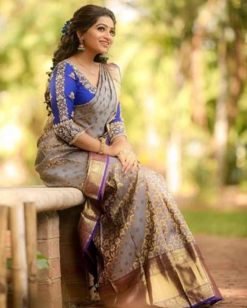 FASHIONABLE LICHI SILK JACQUARD WORK SAREE WITH UNSTITCHED BLOUSE GREY