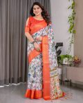 FASHIONABLE LINEN DIGITAL FLORAL PRINT RICH ZARI WOVEN BORDERS WORK SAREE WITH UNSTITCHED BLOUSE FESTIVAL WEAR WHOLESALE PRICE ETHNIC GARMENT (3)