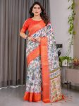 FASHIONABLE LINEN DIGITAL FLORAL PRINT RICH ZARI WOVEN BORDERS WORK SAREE WITH UNSTITCHED BLOUSE MULTI