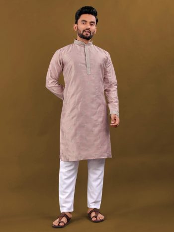 FASHIONABLE MATKA SILK SILVER JARI WITH EMBROIDERY BUTTI WORK KURTA PAYJAMA LAVENDER