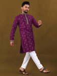 FASHIONABLE MATKA SILK SILVER JARI WITH EMBROIDERY BUTTI WORK KURTA PAYJAMA WINE