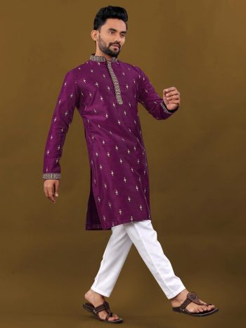 FASHIONABLE MATKA SILK SILVER JARI WITH EMBROIDERY BUTTI WORK KURTA PAYJAMA WINE