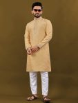 FASHIONABLE MATKA SILK SILVER JARI WITH EMBROIDERY BUTTI WORK KURTA PAYJAMA YELLOW