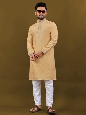 FASHIONABLE MATKA SILK SILVER JARI WITH EMBROIDERY BUTTI WORK KURTA PAYJAMA YELLOW