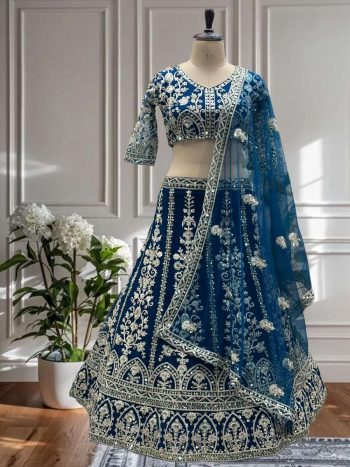FASHIONABLE NET EMBROIDERY SEQUENCE DESIGN WORK LEHENGA CHOLI WITH DUPATTA RAMA